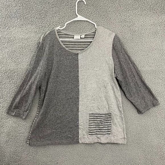 Weekends By Chico's Top Women 2 Gray Colorblock Striped‎ Casual Scoopneck Tunic - Picture 1 of 8